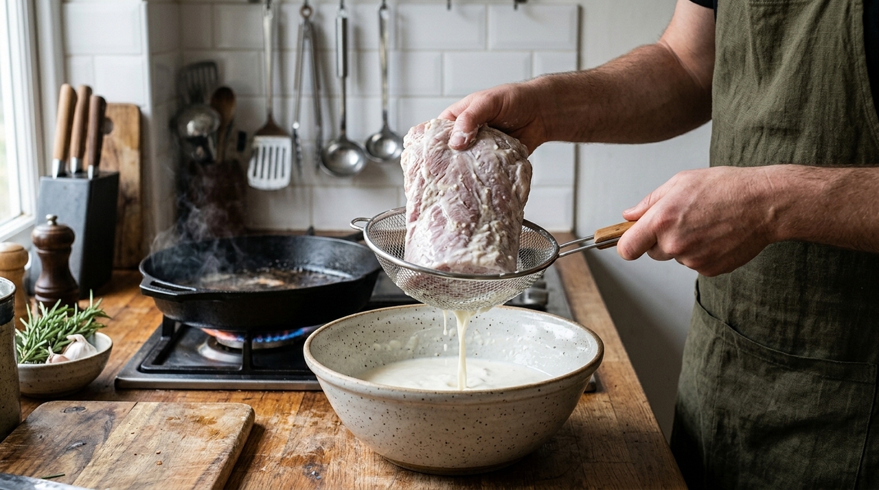 O passo mais simples é colocar os pedaços num recipiente, cobrir com leite e levar à geladeira por duas a quatro horas.
