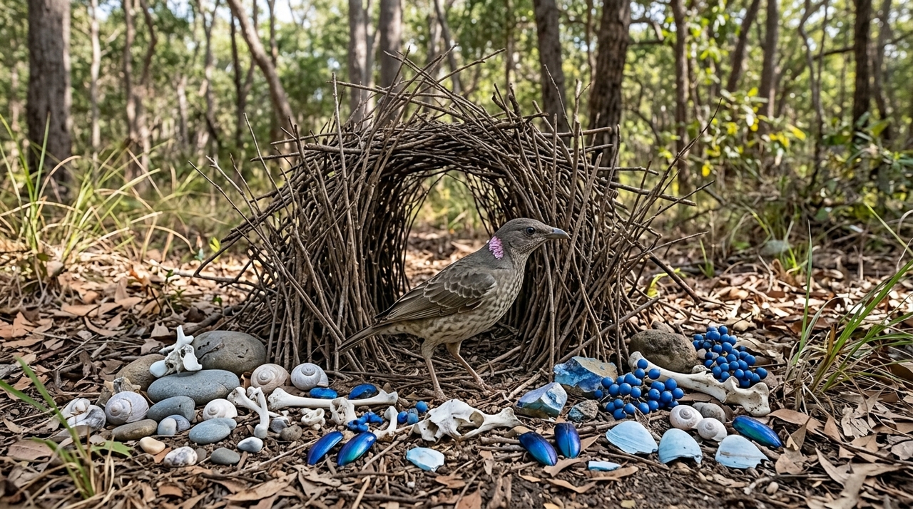 Em vez de disputar território apenas com força ou canto, o Ptilonorhynchus nuchalis investe em criatividade.