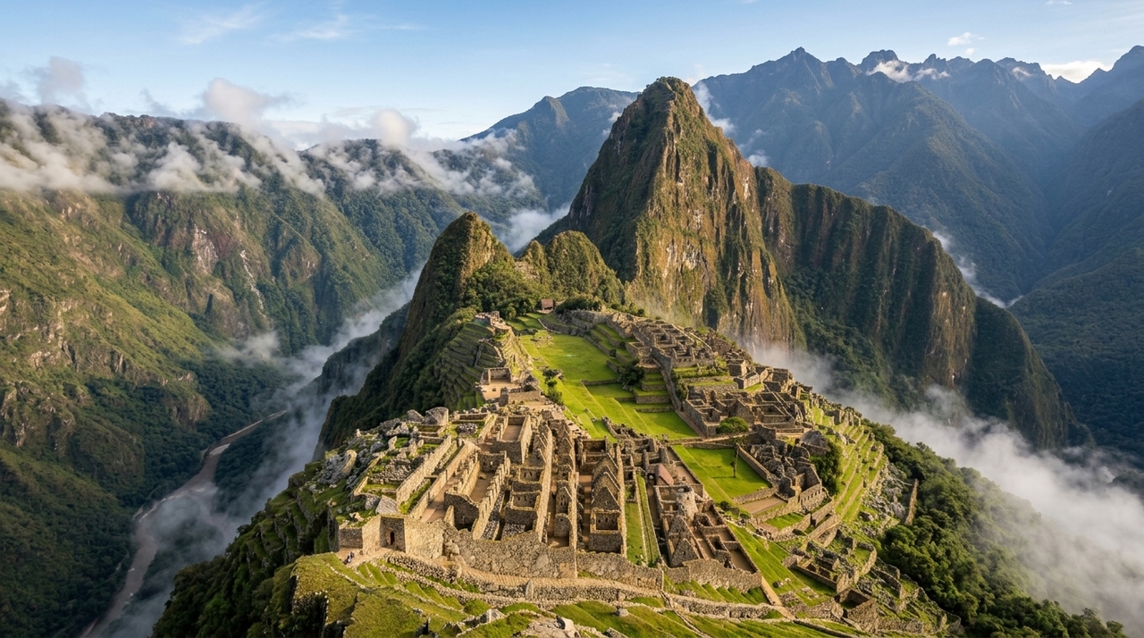 Construída a cerca de 2.430 metros de altitude, Machu Picchu ocupa uma posição privilegiada entre os picos de Machu Picchu e Huayna Picchu.