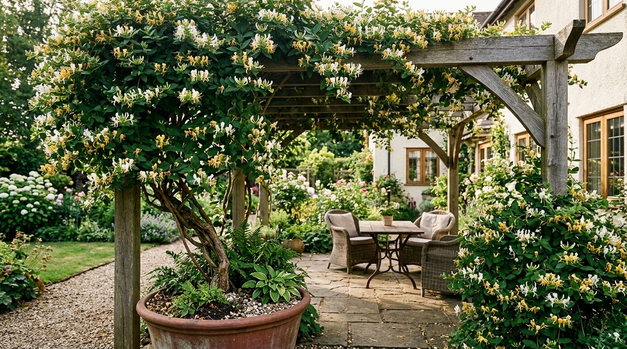 A Lonicera japonica é uma trepadeira asiática da família Caprifoliaceae, capaz de atingir vários metros e produzir flores brancas a amareladas