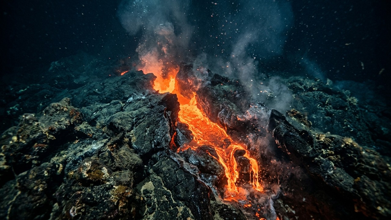 O afastamento das placas tectônicas permitiu a liberação de uma colossal quantidade de magma no fundo do mar. – Imagem gerada por IA