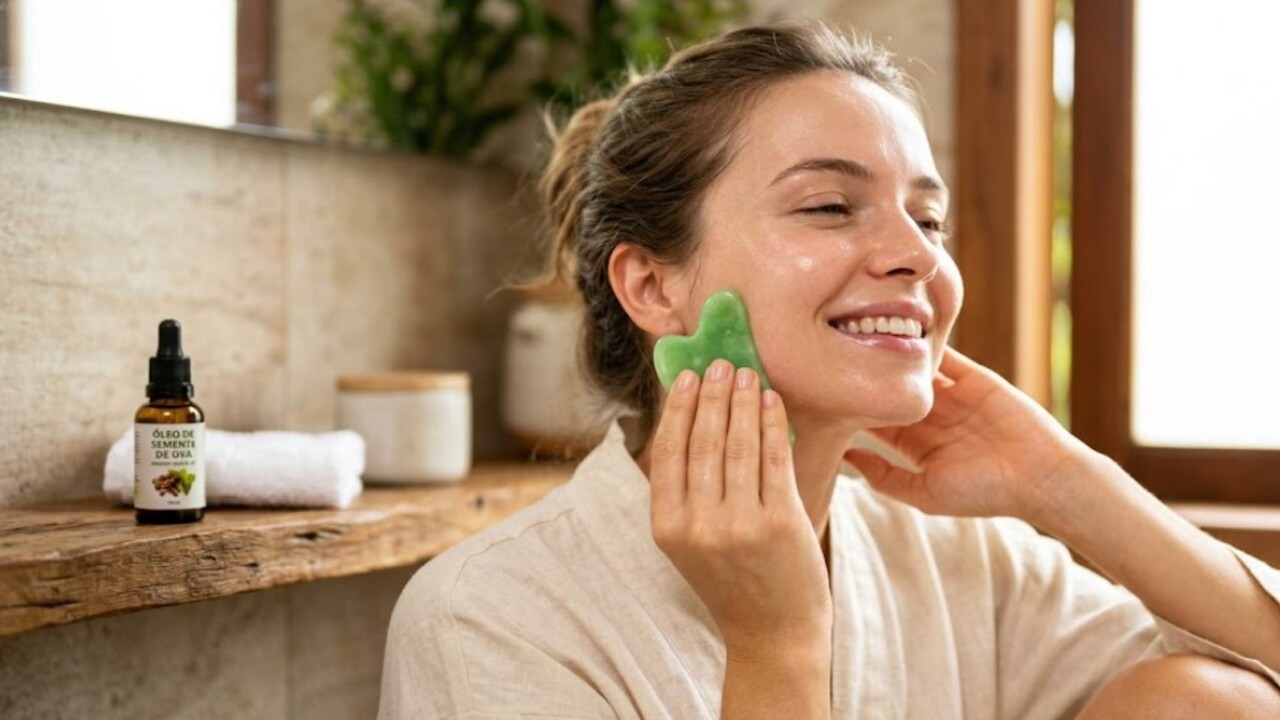 Uma massagem facial caseira feita com Gua Sha ou rolo de quartzo, combinada com óleo de semente de uva, pode ajudar a diminuir o inchaço do rosto