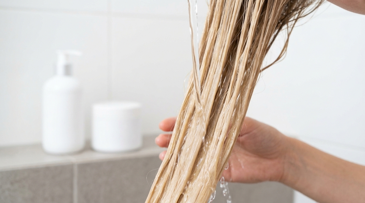 O primeiro passo é enxaguar o cabelo imediatamente com água limpa para reduzir o tempo de contato entre os fios e os resíduos da piscina.