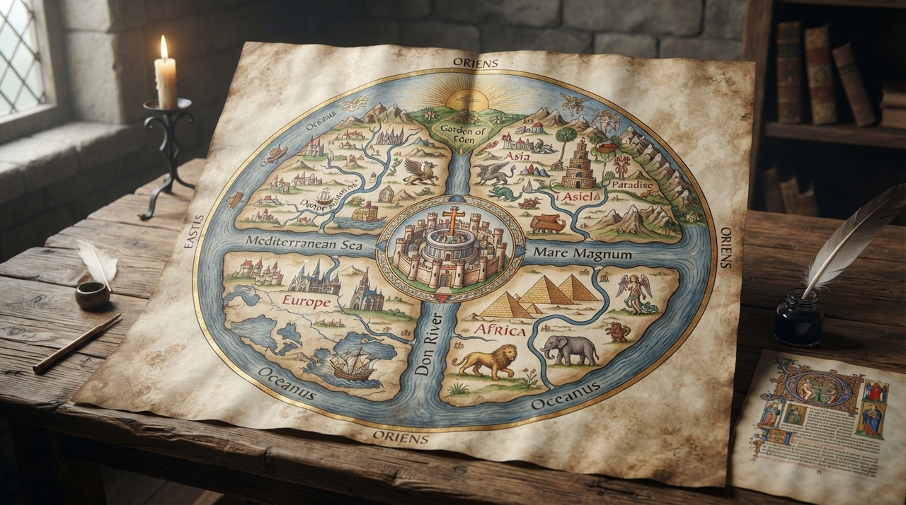 Os mapas T-O resumiam o mundo habitado dentro de um círculo, dividido por um desenho semelhante às letras T e O.