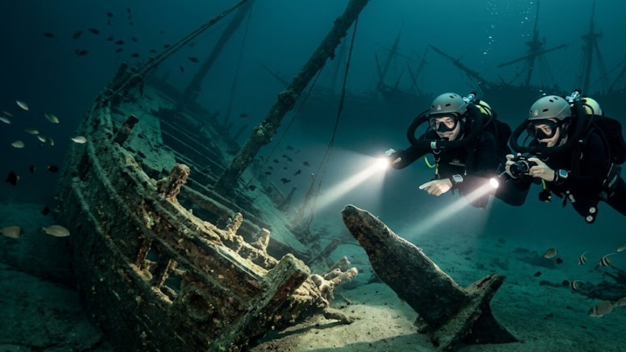 Mergulhadores encontrando restos de navio pirata