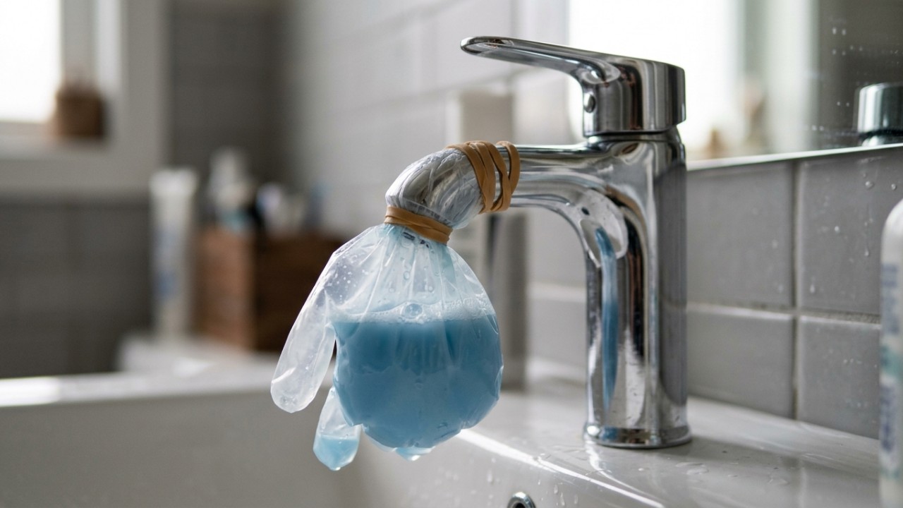 O reaproveitamento de luvas plásticas é uma solução prática e econômica para organizar cosméticos em viagens. – Imagem gerada por IA