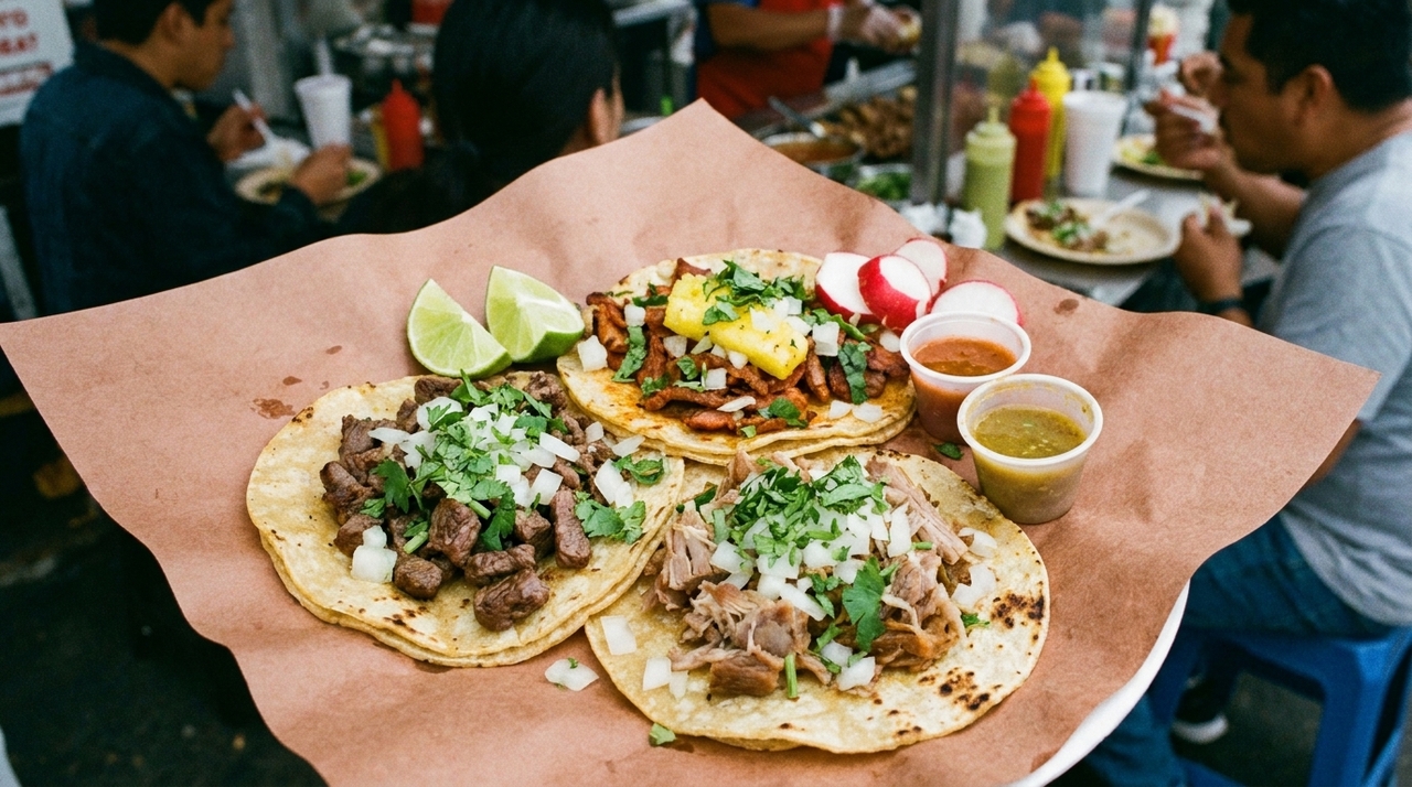 Carnitas, al pastor, carne assada e frango temperado funcionam bem com cebola, coentro e limão.
