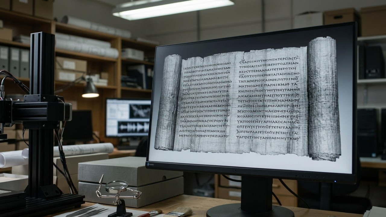 A inteligência artificial revela segredos de um manuscrito milenar sem danificar sua estrutura física. – Imagem gerada por IA
