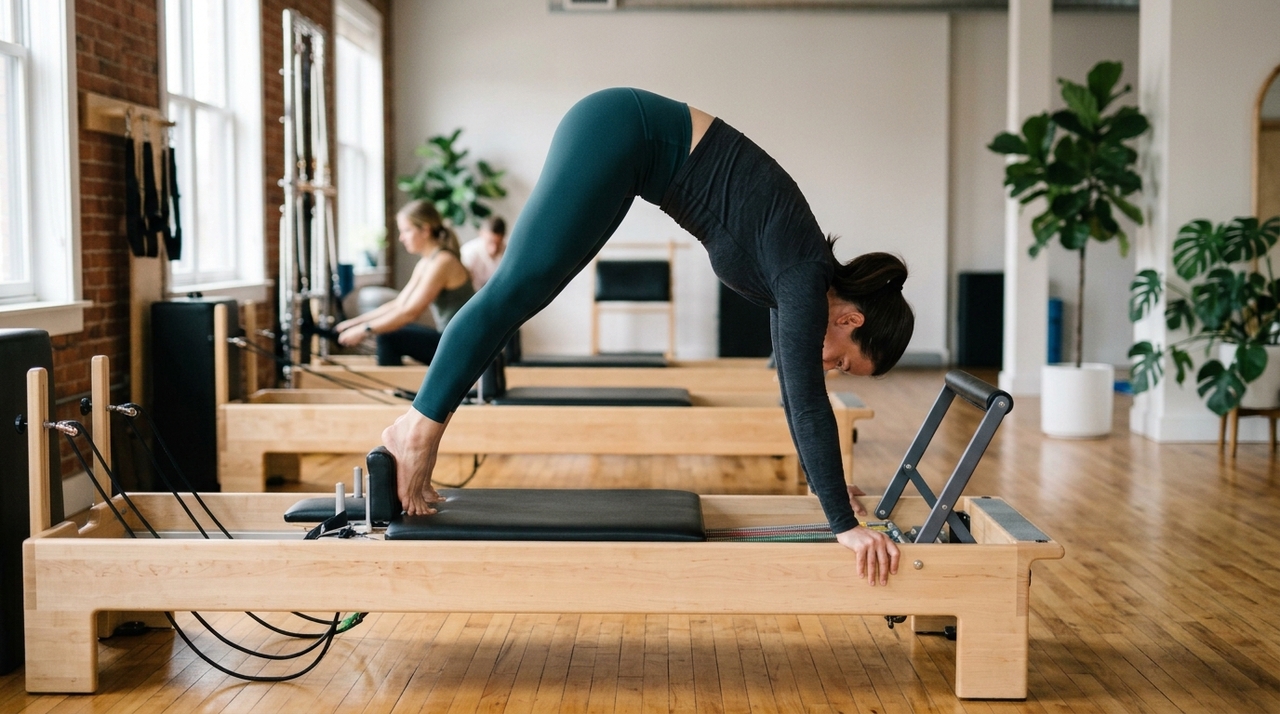 O exercício elefante é um movimento do Pilates que trabalha alongamento posterior, controle do tronco e organização da coluna.