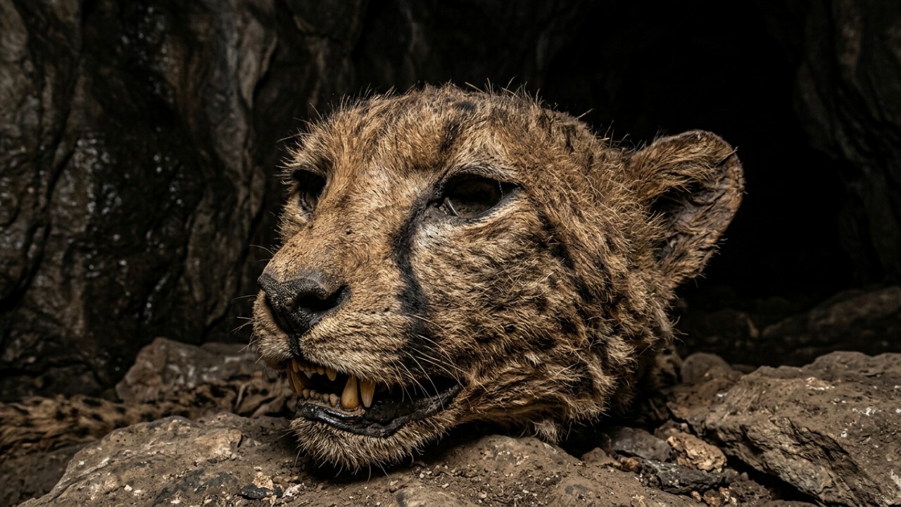 O ambiente desértico e seco das cavernas de Lauga permitiu a preservação de tecidos e DNA dos felinos. – Imagem gerada por IA