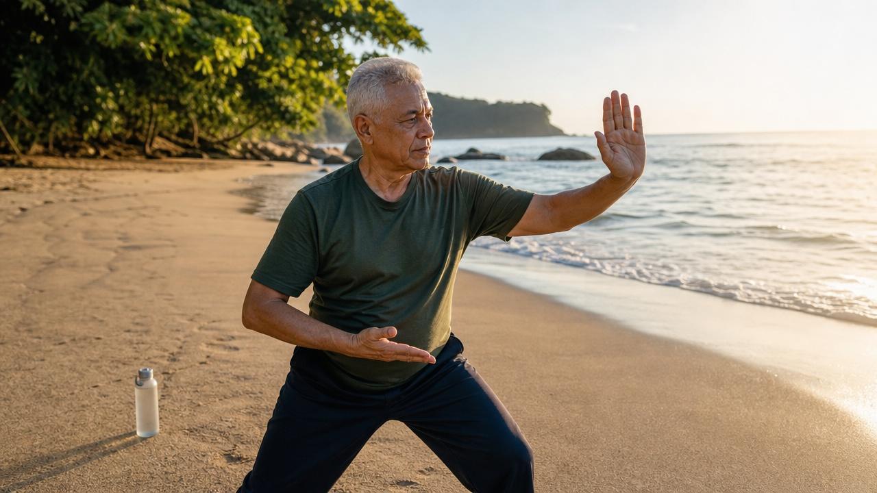 Transferência lenta de peso na areia firme favorece estabilidade e postura.