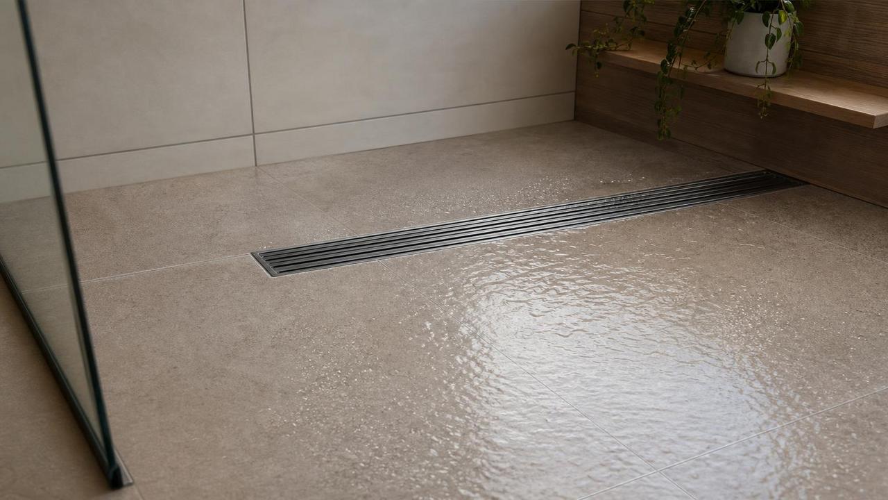 Ralo linear e piso inclinado ajudam a conter água e mofo.