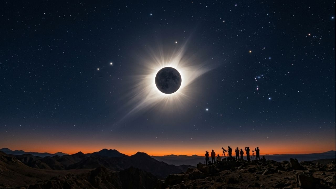 A corona solar ficará visível a olho nu durante a totalidade.