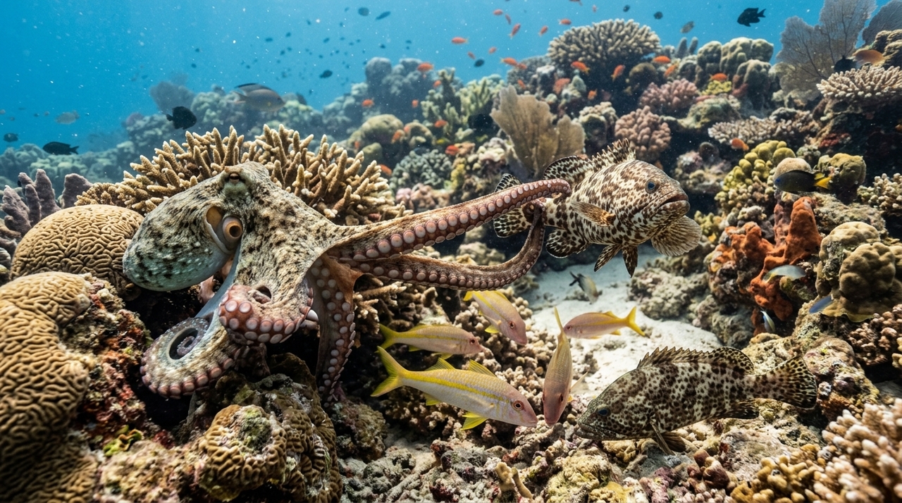 Biólogos marinhos observaram que alguns polvos passaram a desferir golpes contra peixes que participavam de caçadas coletivas