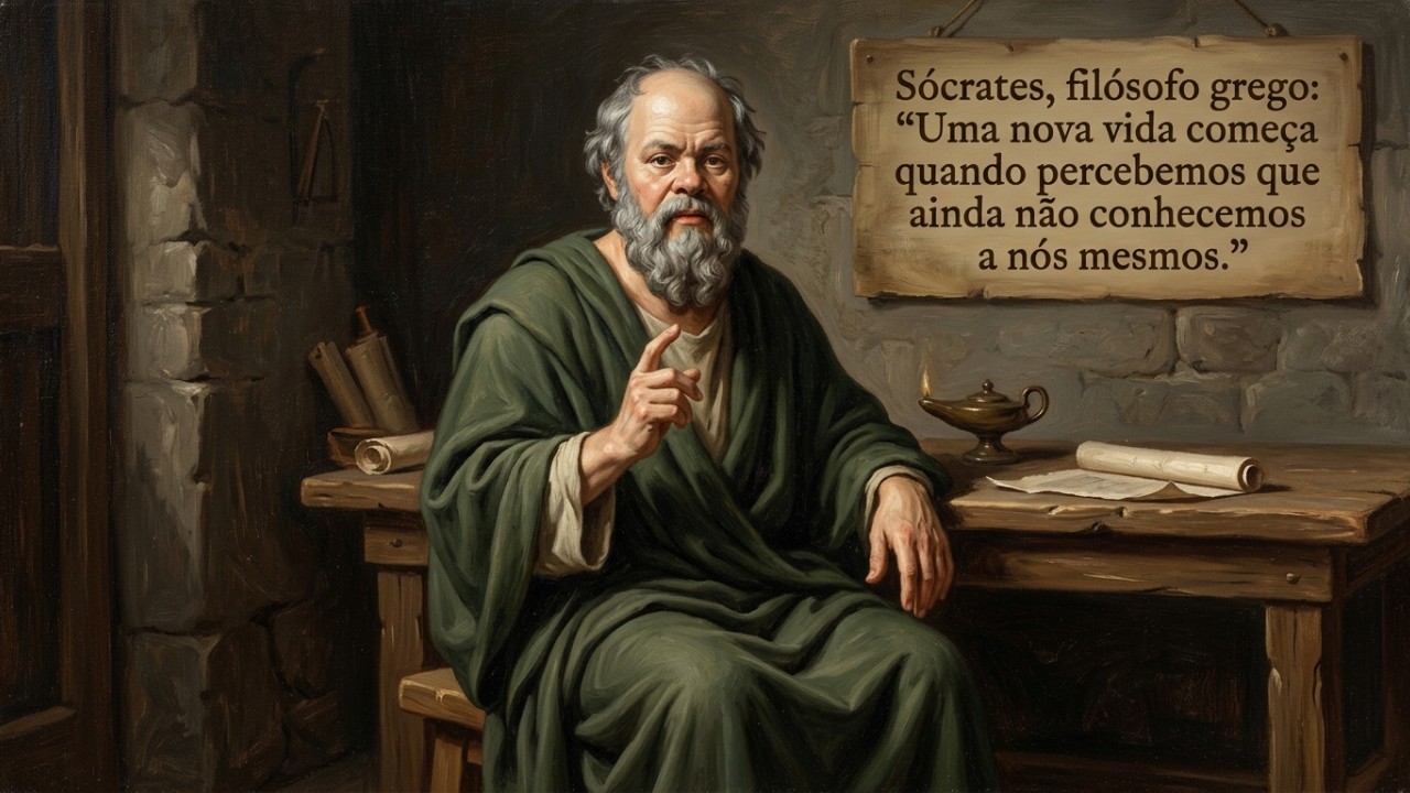 A prática do autoexame constante permite a desconstrução de certezas e a busca pela verdadeira sabedoria. – Imagem gerada por IA