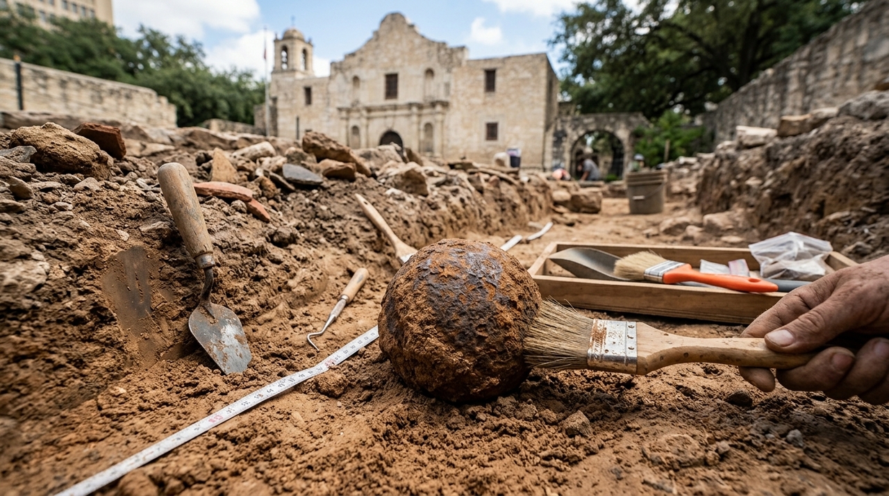 Pesquisadores que trabalham no sítio arqueológico do Álamo, em San Antonio, encontraram uma bala de canhão de ferro praticamente intacta