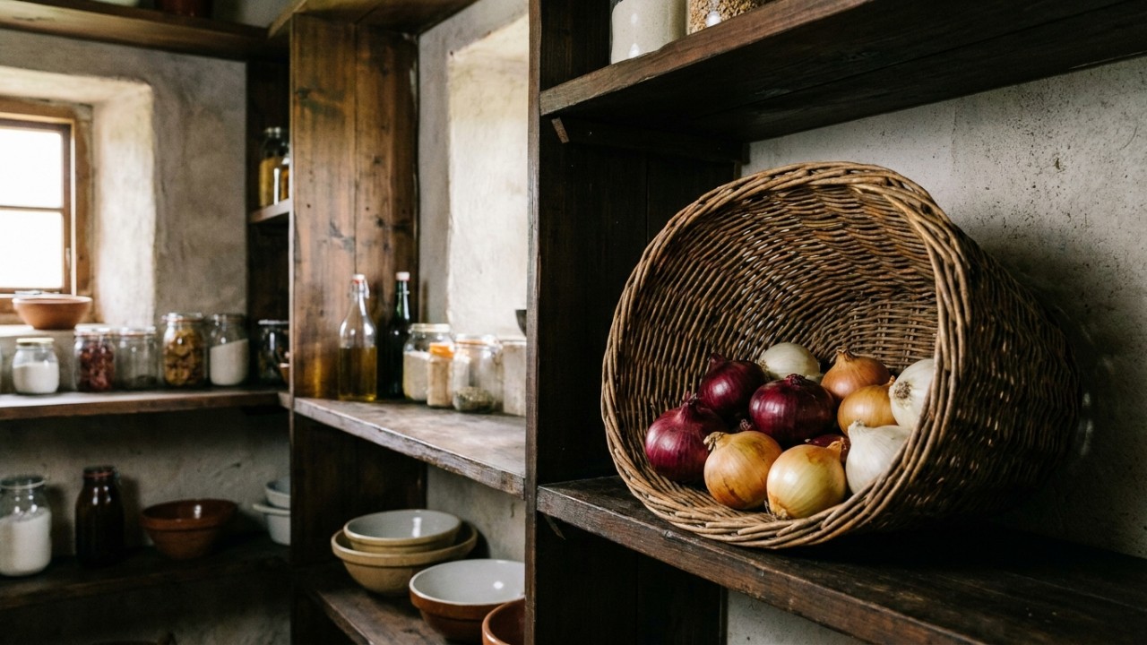 O armazenamento correto das cebolas em locais ventilados evita o desperdício e preserva a textura do alimento. – Imagem gerada por IA
