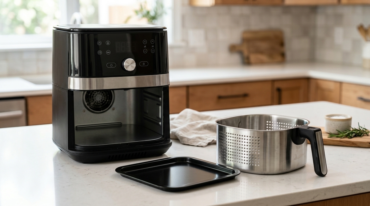 A cesta é a parte da air fryer que mais entra em contato com os alimentos e exige higienização constante, com produtos adequados e sem atrito excessivo.