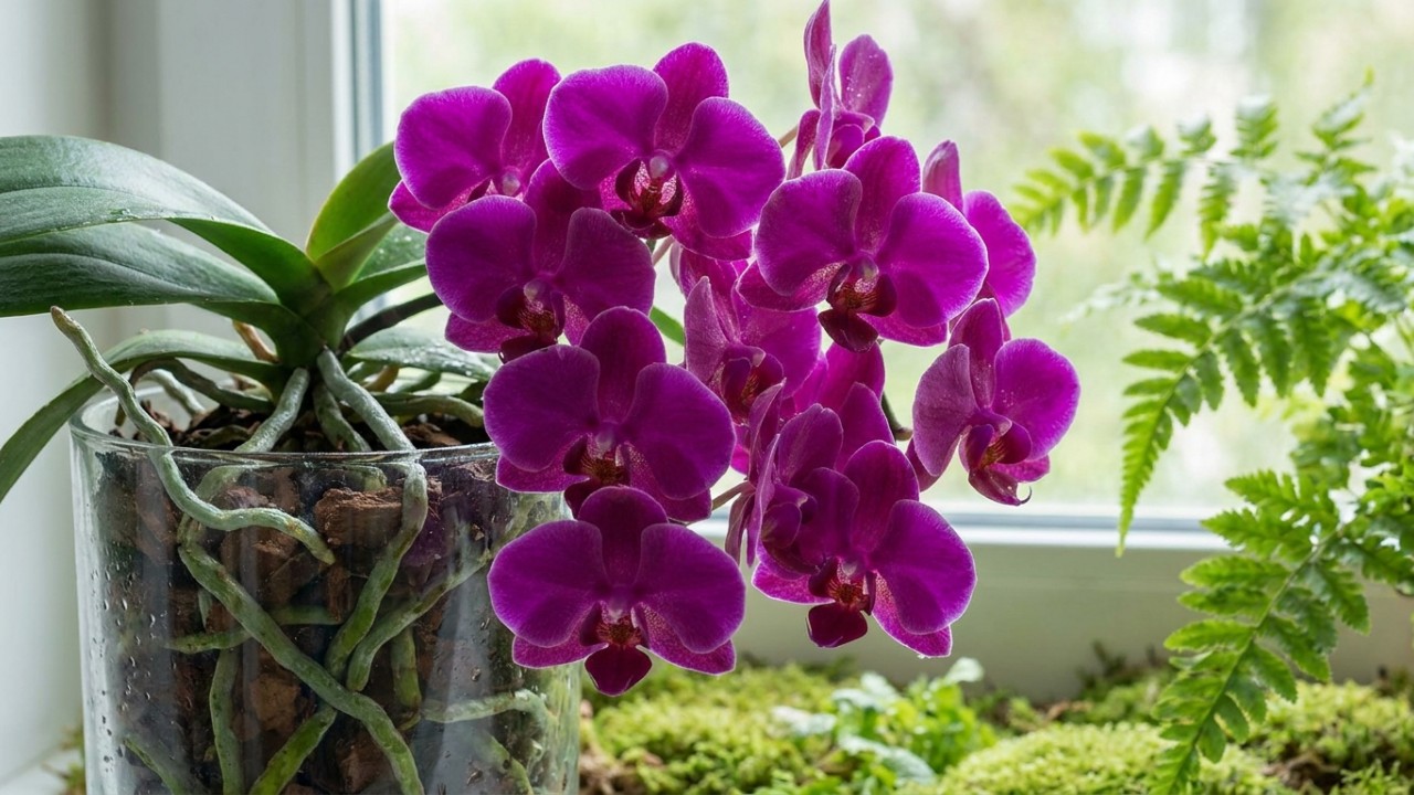 Verificar a umidade do substrato e usar água em temperatura ambiente protege as raízes das orquídeas. – Imagem gerada por IA
