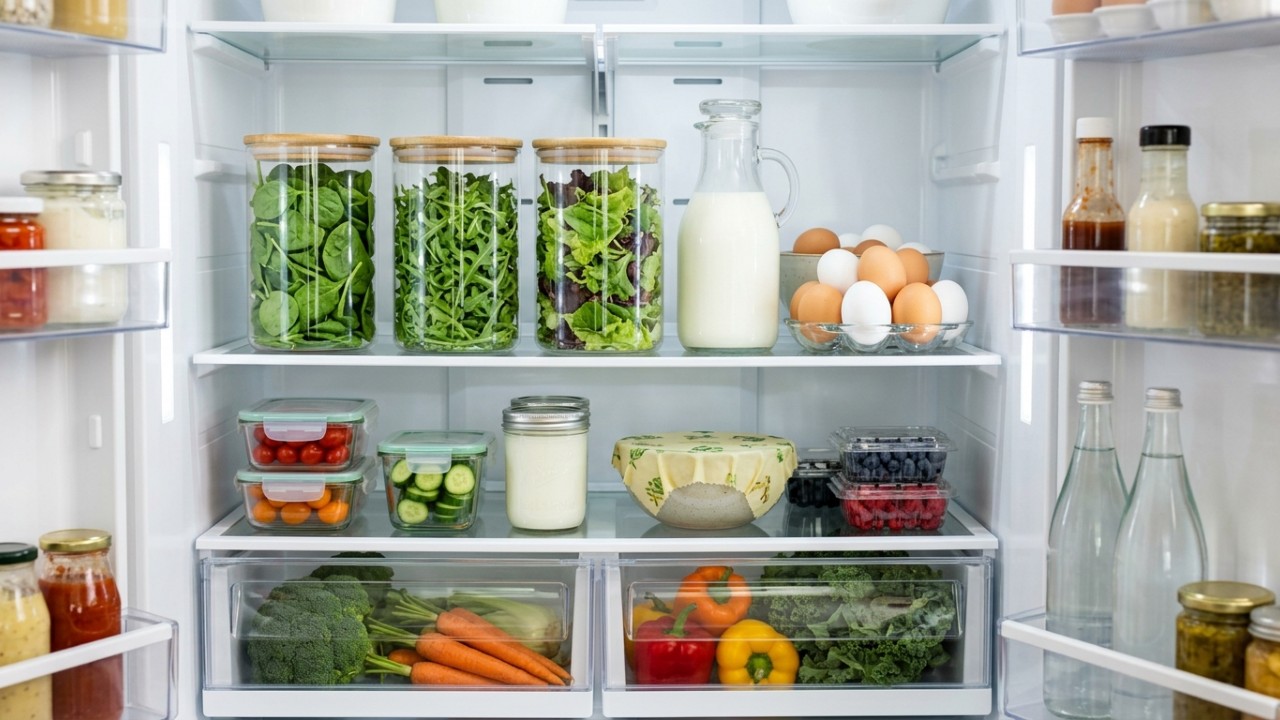 A organização estratégica dos alimentos na geladeira é fundamental para reduzir o desperdício doméstico. – Imagem gerada por IA
