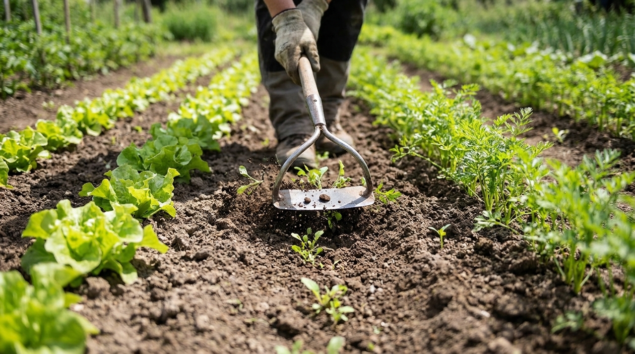 Essa ferramenta manual inovadora apresenta uma lâmina em formato de estribo projetada especificamente para cortar vegetações indesejadas bem rente à base.