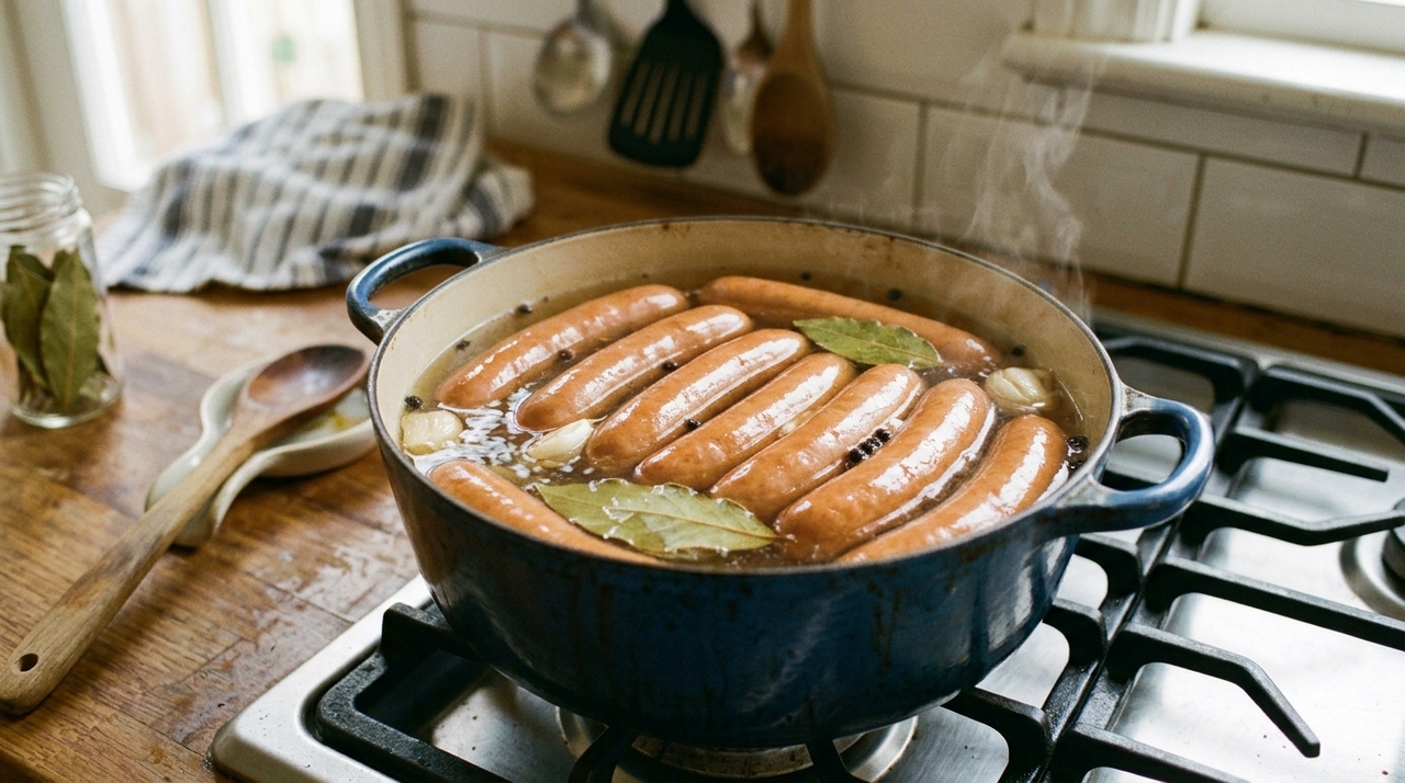 O método mais simples é aquecer a água até começar a ferver, desligar o fogo e só então colocar as salsichas para descansar no líquido quente.