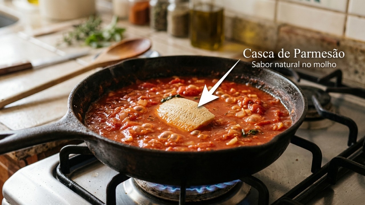 O cozimento lento com casca de parmesão eleva o sabor e a textura do seu molho caseiro. – Imagem gerada por IA