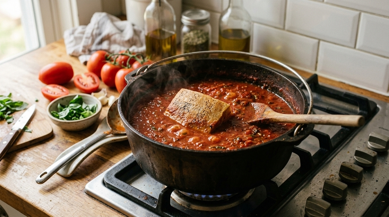 A casca do queijo parmesão curado costuma ser descartada na cozinha, mas ela carrega uma quantidade imensa de sabor concentrado.