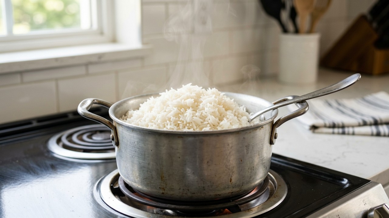 O cozimento direto do arroz sem lavagem prévia preserva as vitaminas e garante um grão soltinho. – Imagem gerada por IA