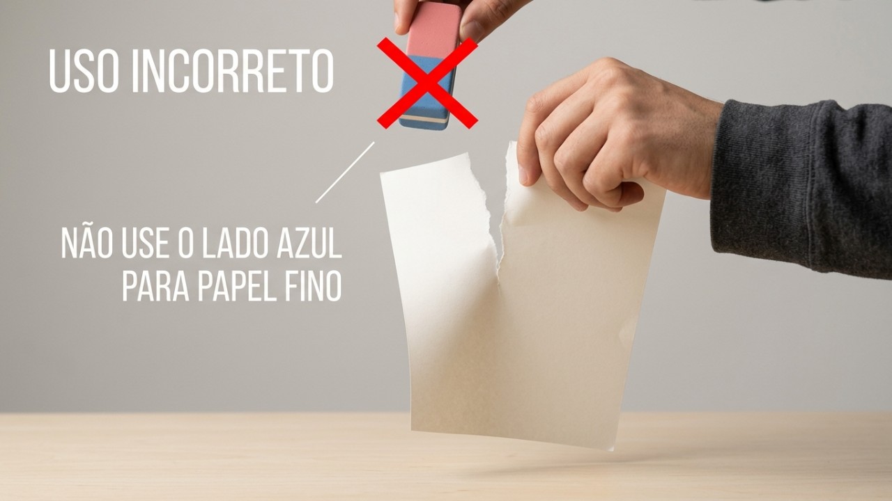 A parte azul da borracha foi desenvolvida para remover traços de lápis de cor e pigmentos em papéis de gramatura alta. – Imagem gerada por IA