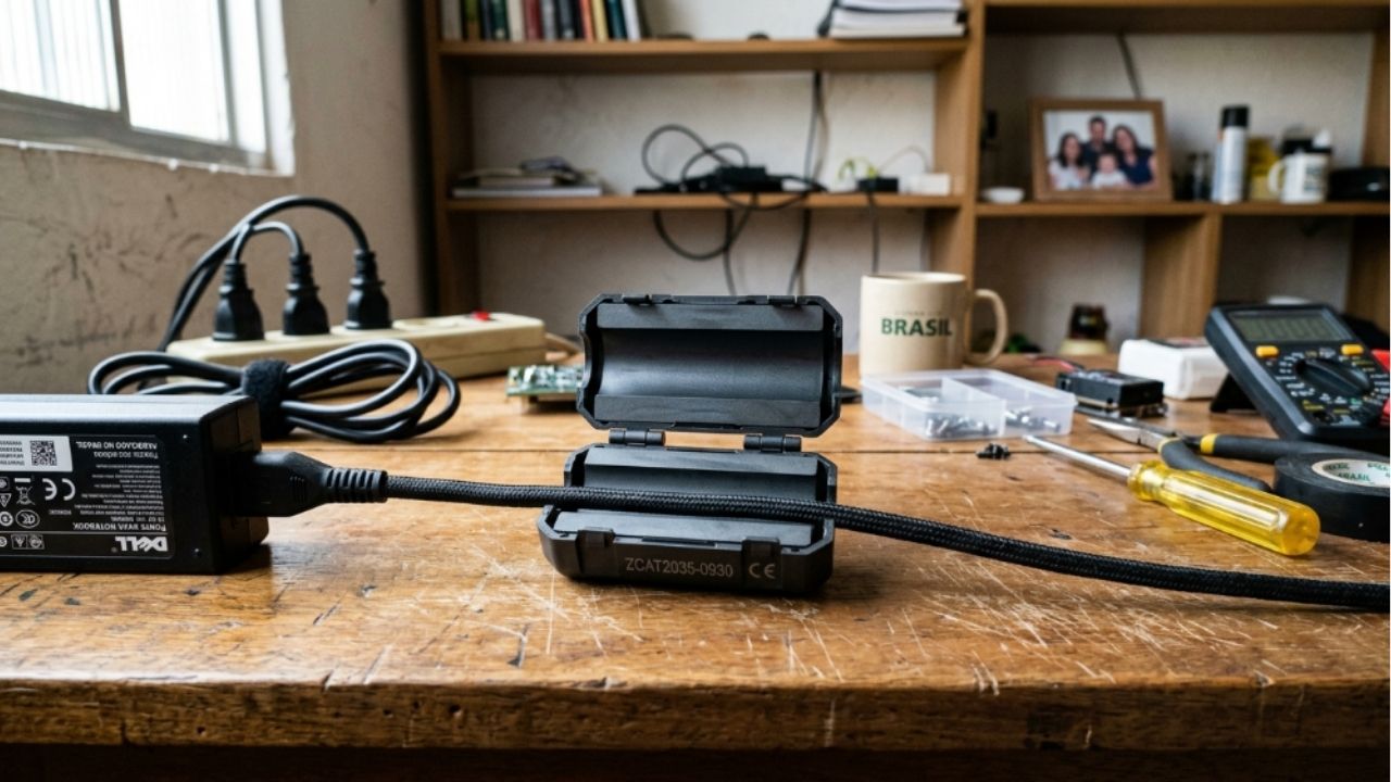 O núcleo de ferrite reduz ruídos elétricos.
