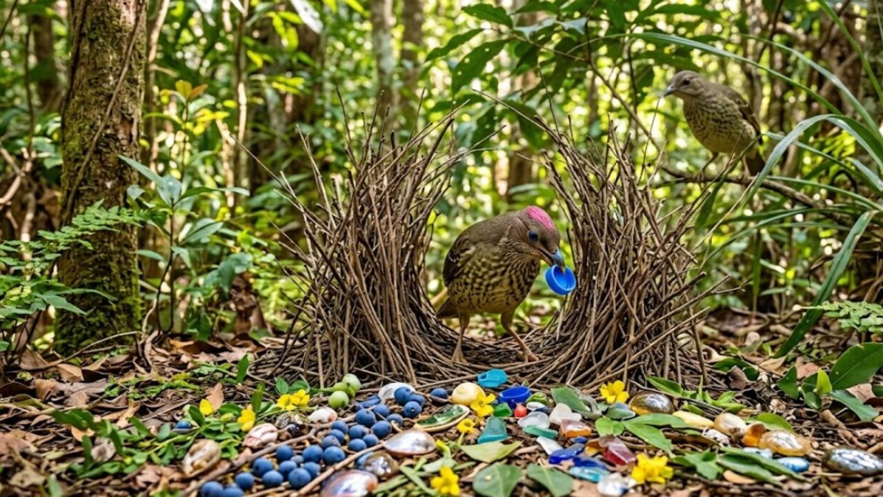 Pássaro arquiteto conhecido como Ptilonorhynchus nuchalis