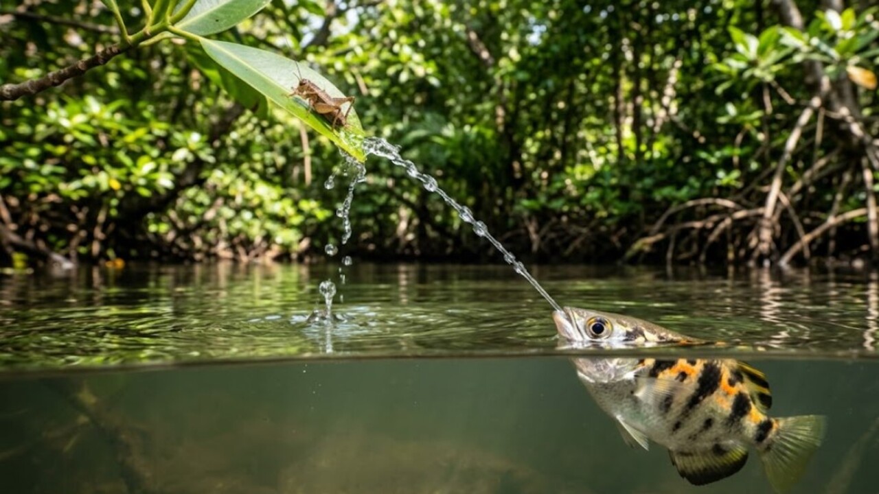 Com uma precisão que impressiona até cientistas, o peixe-arqueiro consegue derrubar insetos fora da água usando apenas um jato líquido