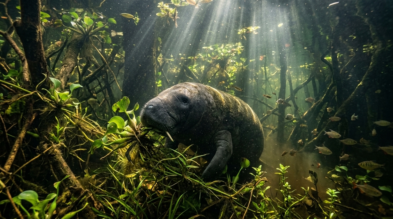 O peixe-boi-da-amazônia é herbívoro não ruminante e se alimenta de gramíneas predominantemente aquáticas, especialmente emergentes.