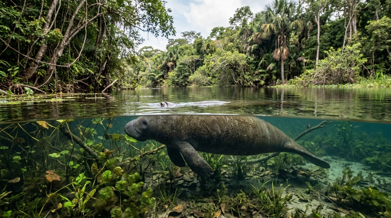 O peixe-boi-da-amazônia é herbívoro não ruminante e se alimenta de gramíneas predominantemente aquáticas, especialmente emergentes.