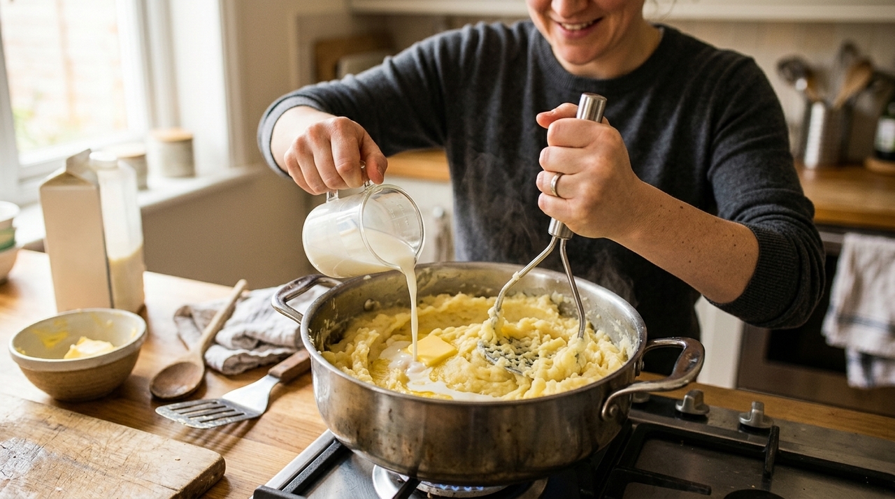 O primeiro passo é cozinhar ou vaporizar as batatas até que possam ser trituradas com facilidade.