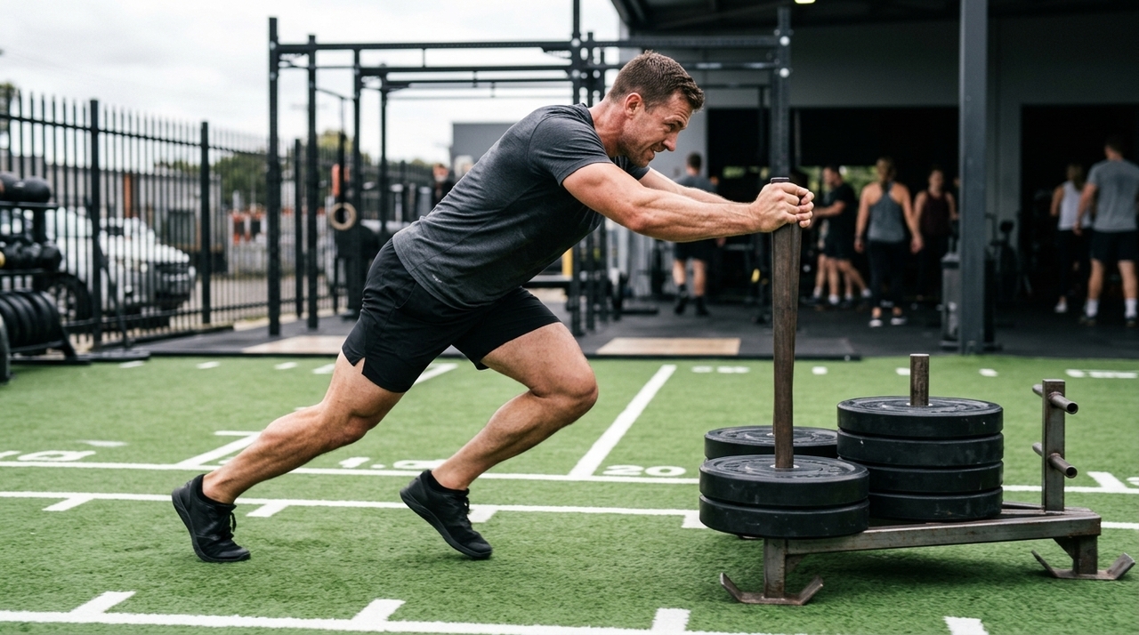 O sled push concentra grande parte do esforço nos membros inferiores, enquanto braços, ombros e abdômen estabilizam o corpo.