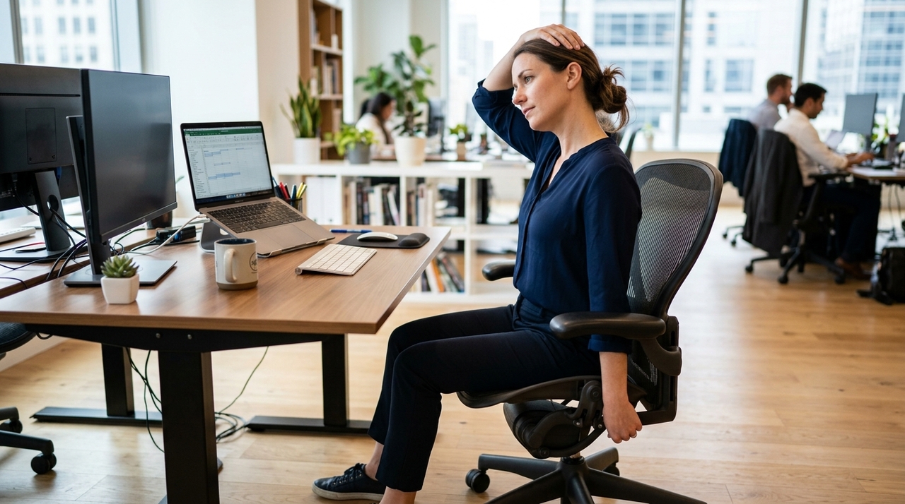 Antes de começar, apoie os dois pés no chão, afaste o corpo da mesa e respire profundamente.
