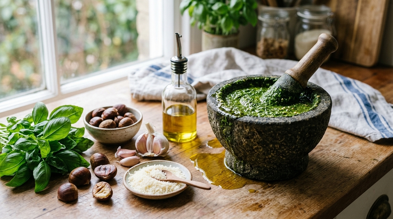 O molho italiano originário de Gênova é preparado pela moagem dos ingredientes, não pelo cozimento no fogão.