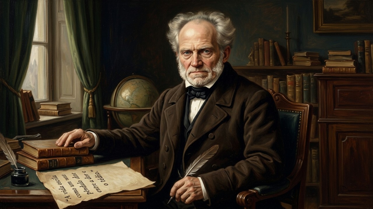 O pêndulo de Schopenhauer revela a oscilação constante entre o desejo e o tédio na vida humana. – Imagem gerada por IA