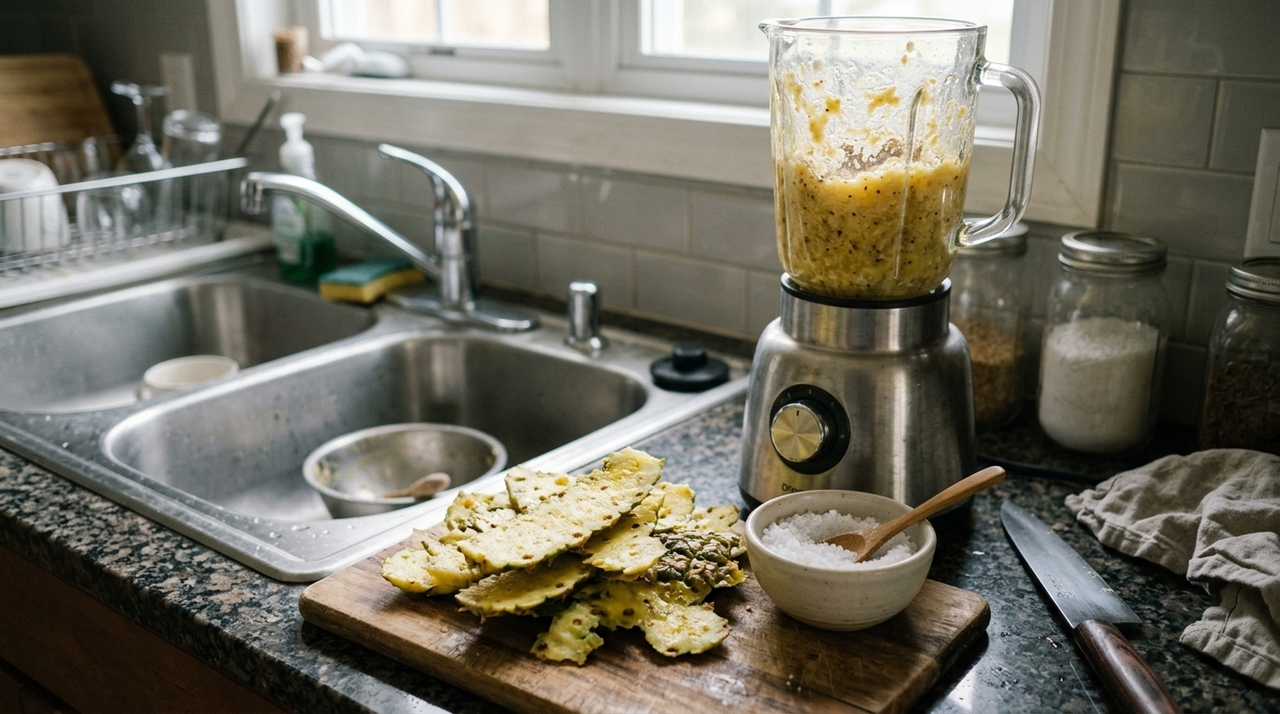 Para preparar, lave bem a casca, corte em pedaços pequenos e bata com algumas colheres de água até formar pasta grossa
