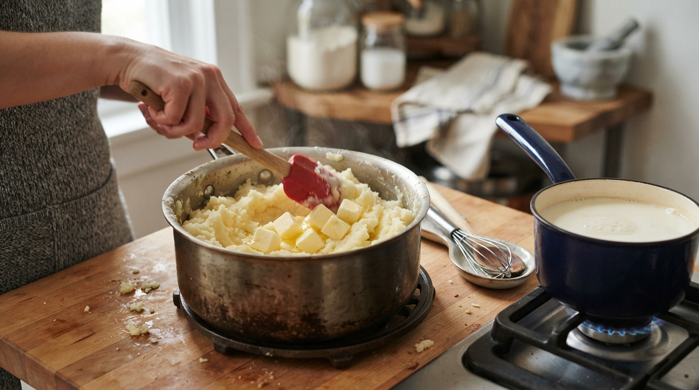 A manteiga gelada deve ser cortada em cubos pequenos e adicionada enquanto a batata ainda está quente.
