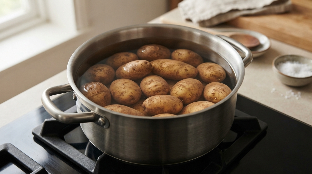 A técnica é mais útil para batatas inteiras ou cortadas em pedaços médios destinados a saladas, purês e acompanhamentos.