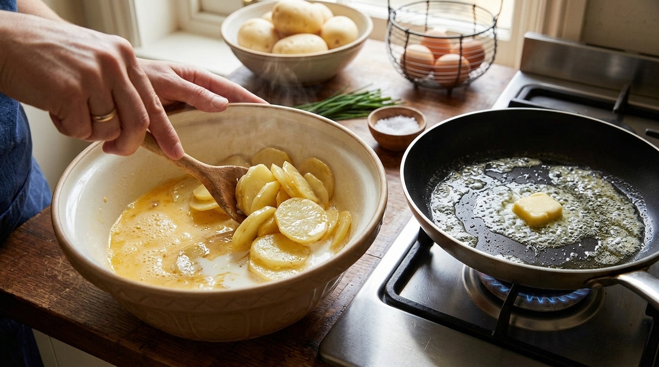 A versão apresentada pelo chef combina 600 gramas de batata com nove ovos.