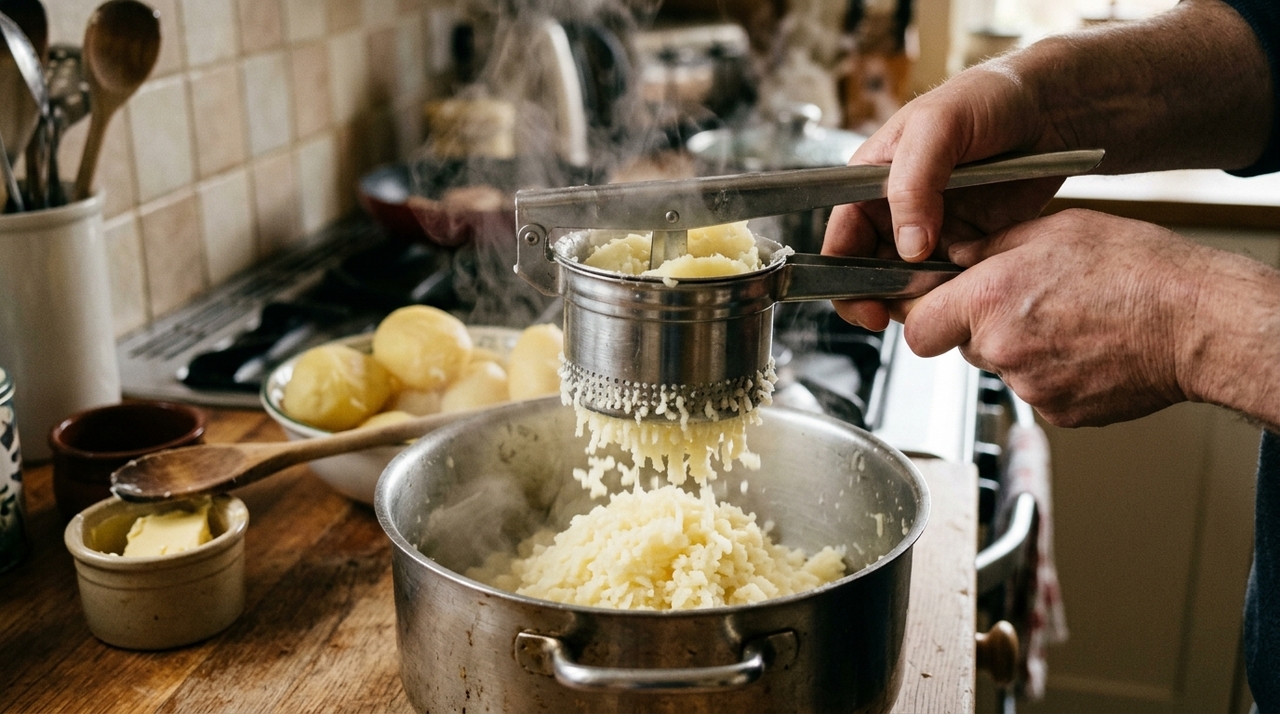 Cozinhe as batatas com casca em água salgada até ficarem completamente macias, escorra e descasque ainda quentes.