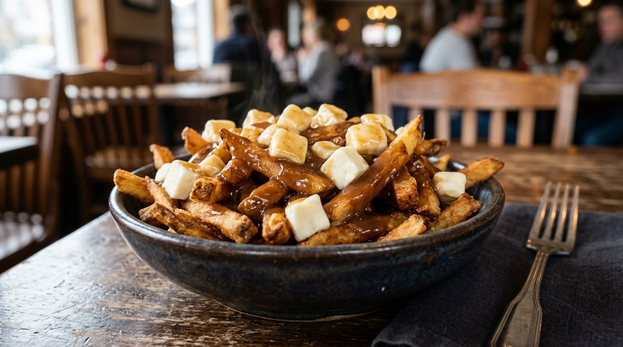 Descrita como prato da culinária canadense originário de Quebec, a poutine reúne batata frita, queijo coalho e molho de carne.
