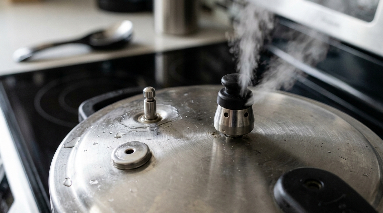 A válvula de controle regula a pressão durante o cozimento, permitindo a saída de vapor quando necessário.