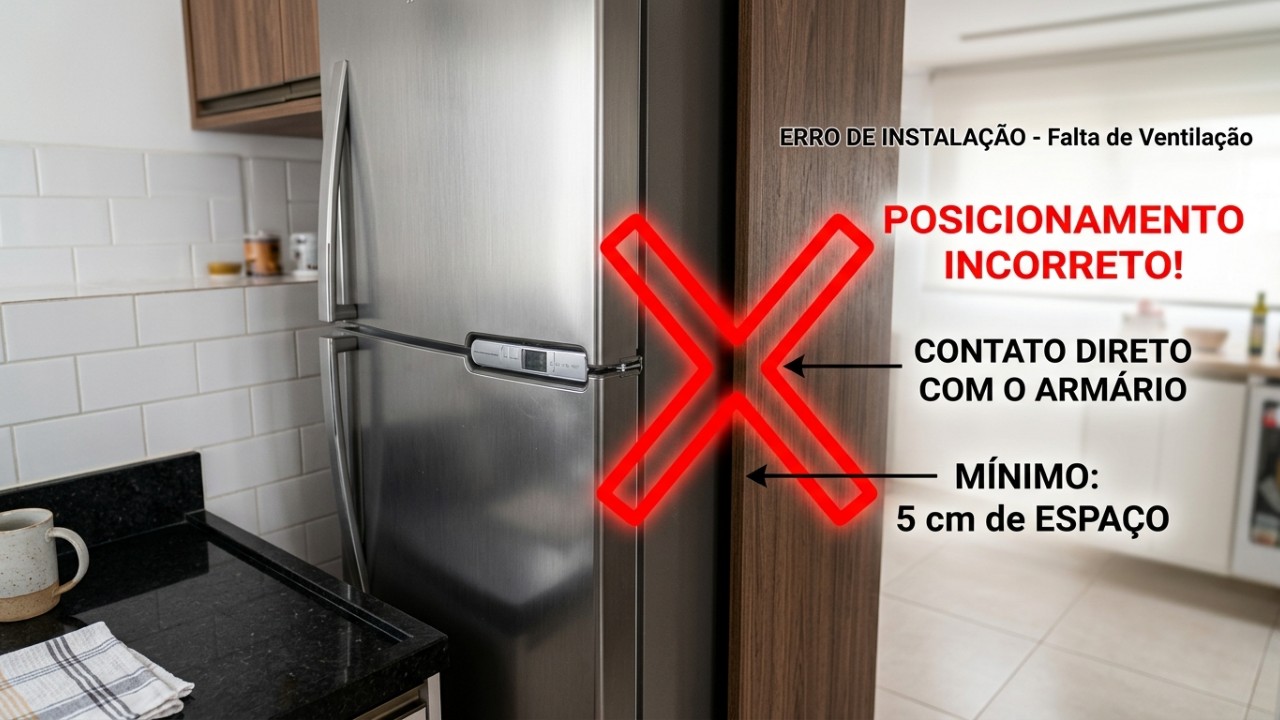 Respeitar o espaço mínimo ao redor da geladeira aumenta a vida útil do aparelho e reduz o consumo de energia. – Imagem gerada por IA