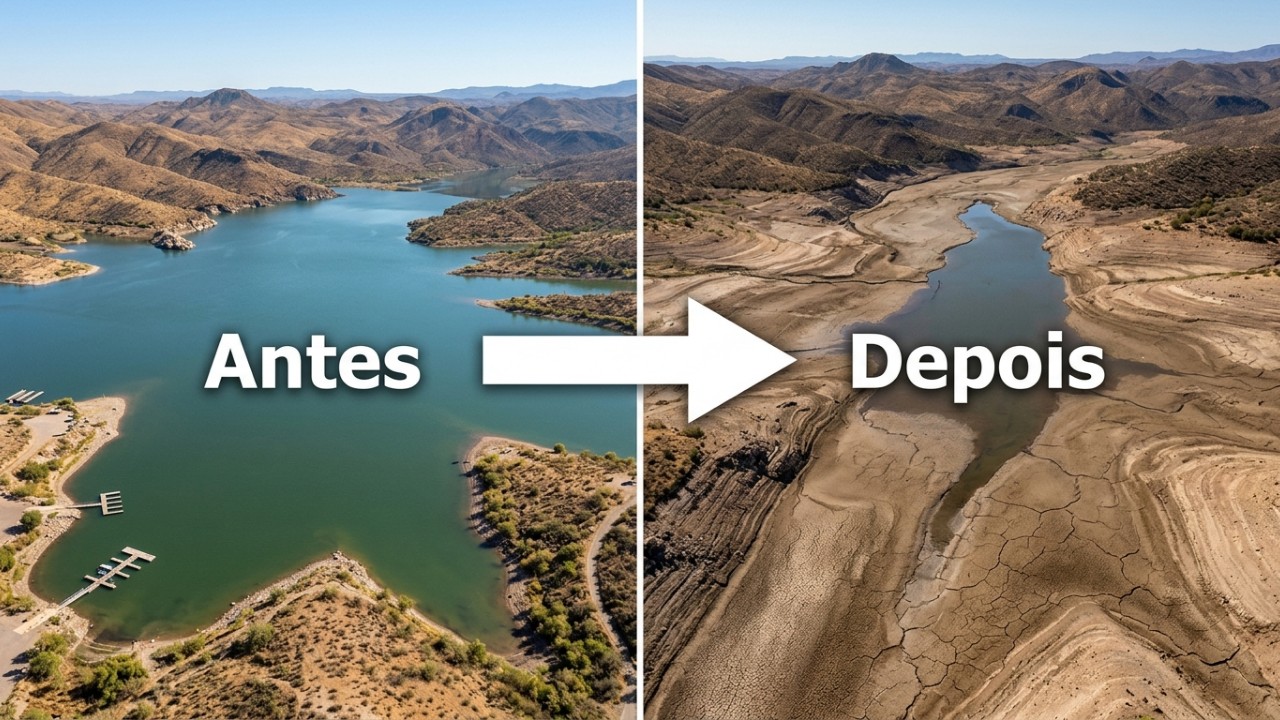 O monitoramento orbital evidencia a degradação ambiental e os impactos do esvaziamento do reservatório no ecossistema do Arizona. – Imagem gerada por IA