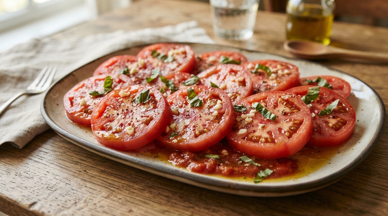 O sal se dissolve na umidade da superfície e favorece a saída de uma pequena quantidade de água das células do tomate.